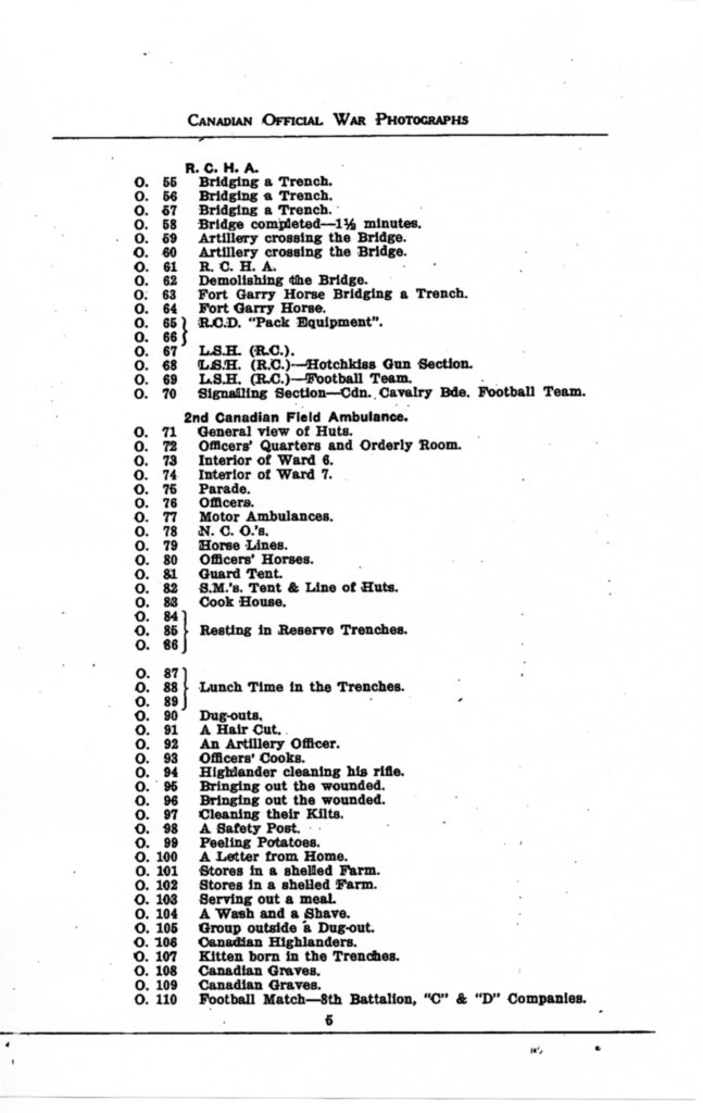 Canadian Official War Photographs of WWI INDEX - p. 005 "O" Series O.55 to O.110