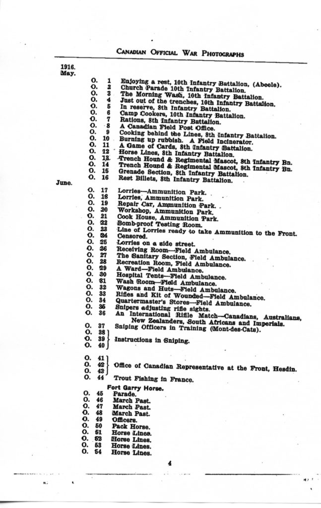 Canadian Official War Photographs of WWI INDEX - p. 004 "O" Series O.1 to O.54