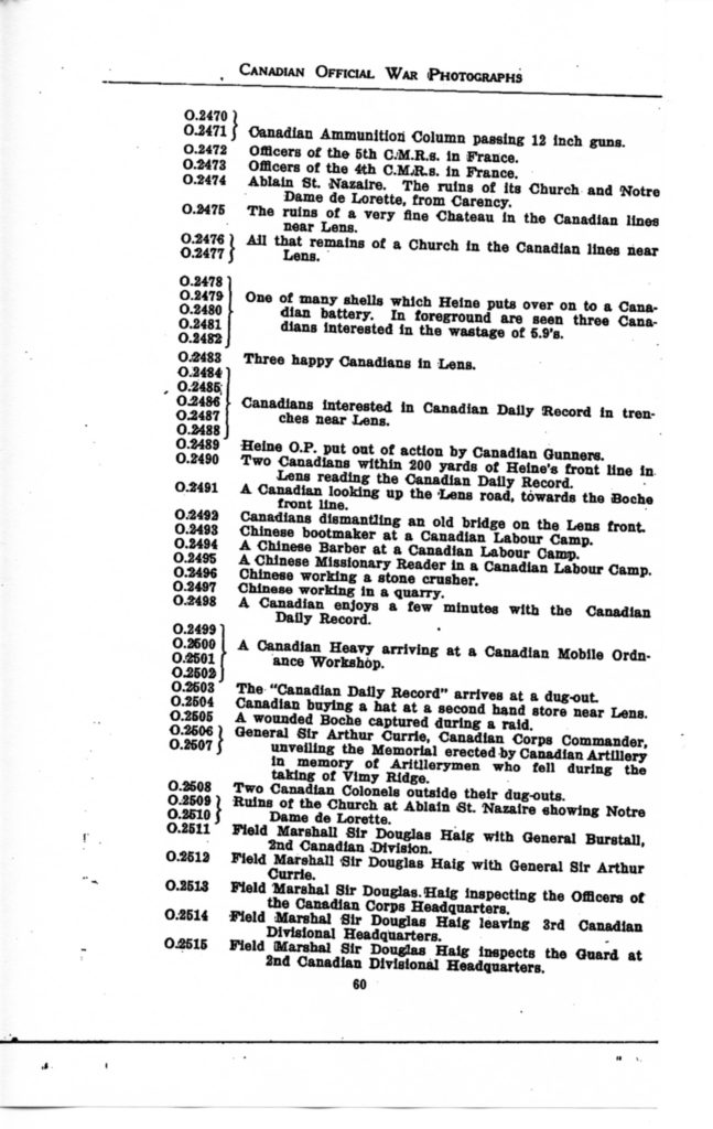 p. 061 Canadian Official War Photographs WWI INDEX - "O" Series O.2470 to O.2515