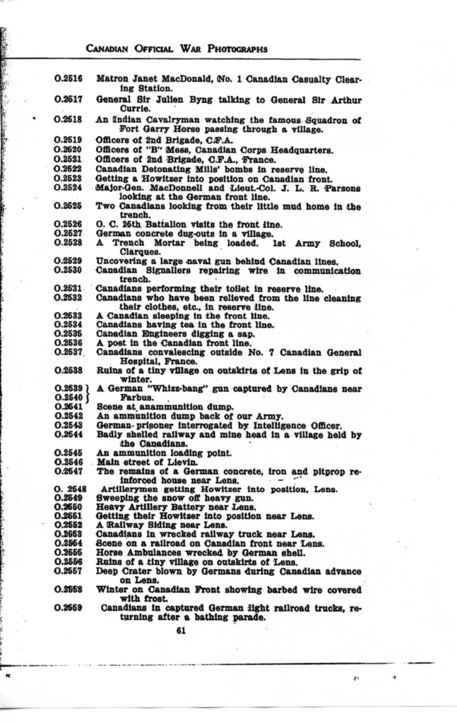 p. 062 Canadian Official War Photographs WWI INDEX - "O" Series O.2516 to O.2559