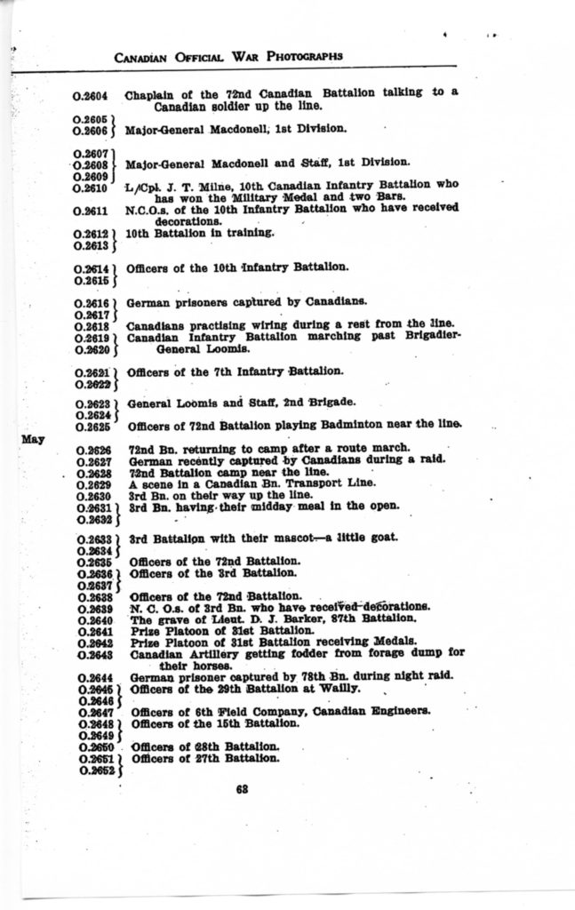 p. 064 Canadian Official War Photographs WWI INDEX - "O" Series O.2604 to O.2652