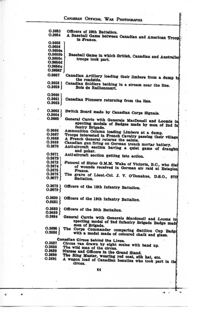 p. 064 Canadian Official War Photographs WWI INDEX - "O" Series O.2653 to O.2691