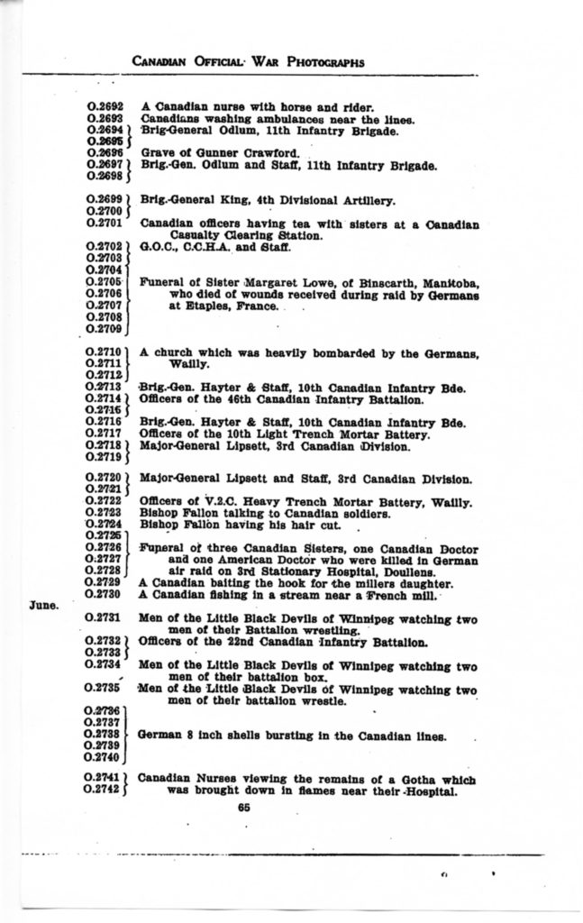p. 065 Canadian Official War Photographs WWI INDEX - "O" Series O.2692 to O.2742