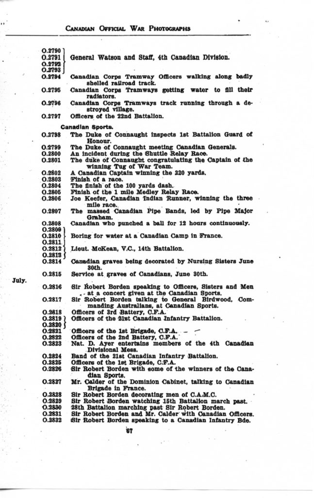 p. 067 Canadian Official War Photographs WWI INDEX - "O" Series O.2790 to O.2832
