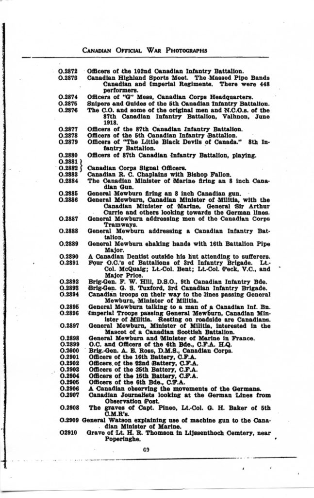 p. 069 Canadian Official War Photographs WWI INDEX - "O" Series O.2872 to O.2910