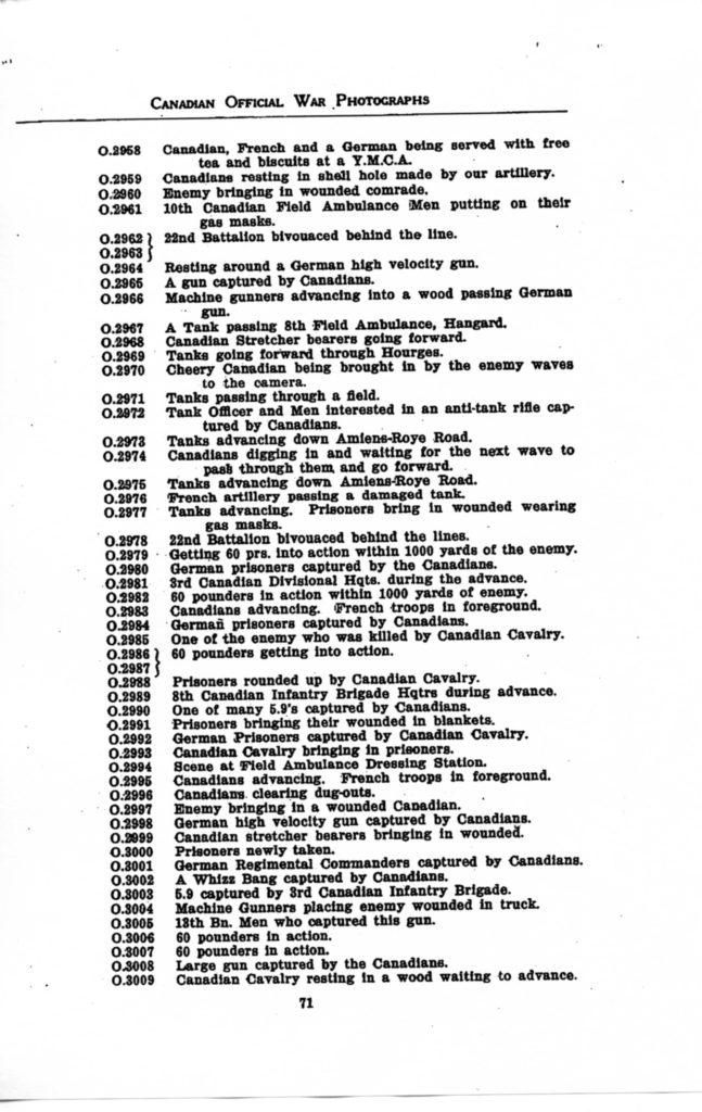 p. 071 Canadian Official War Photographs WWI INDEX - "O" Series O.2958 to O.3009
