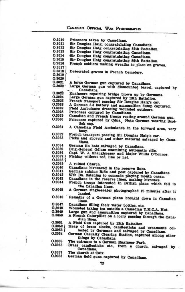 p. 072 Canadian Official War Photographs WWI INDEX - "O" Series O.3010 to O.3058
