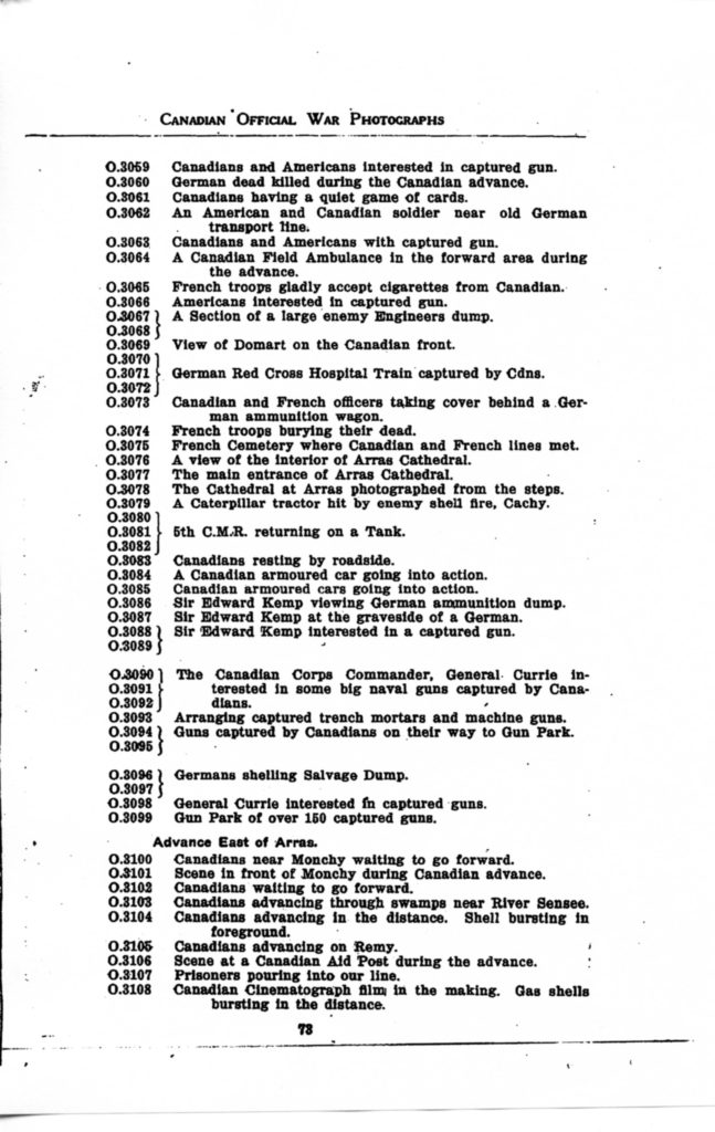 p. 073 Canadian Official War Photographs WWI INDEX - "O" Series O.3059 to O.3108
