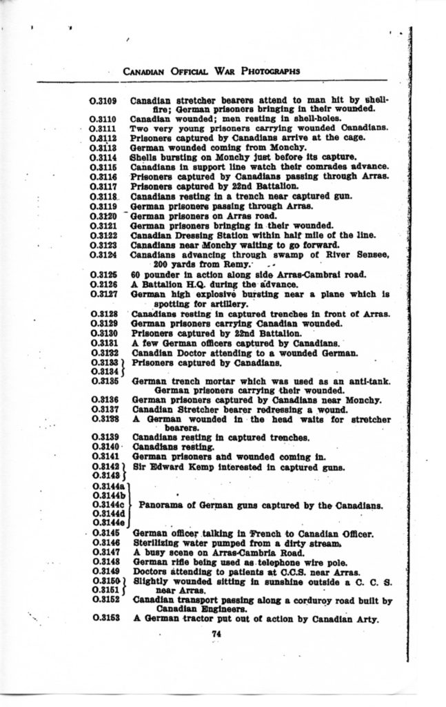 p. 074 Canadian Official War Photographs WWI INDEX - "O" Series O.3109 to O.3153