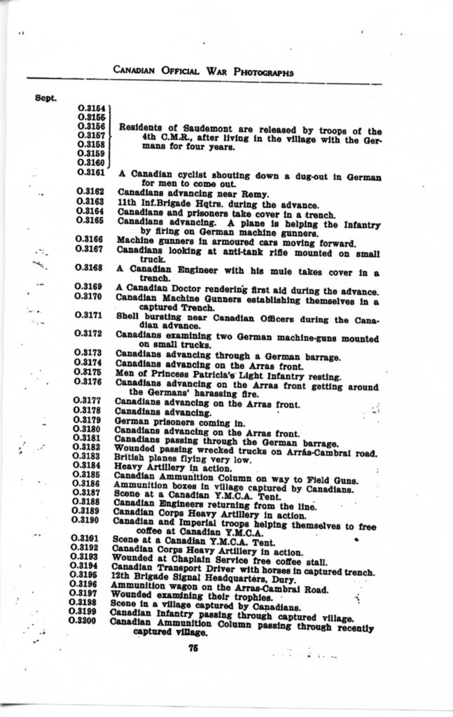 p. 075 Canadian Official War Photographs WWI INDEX - "O" Series O.3154 to O.3200