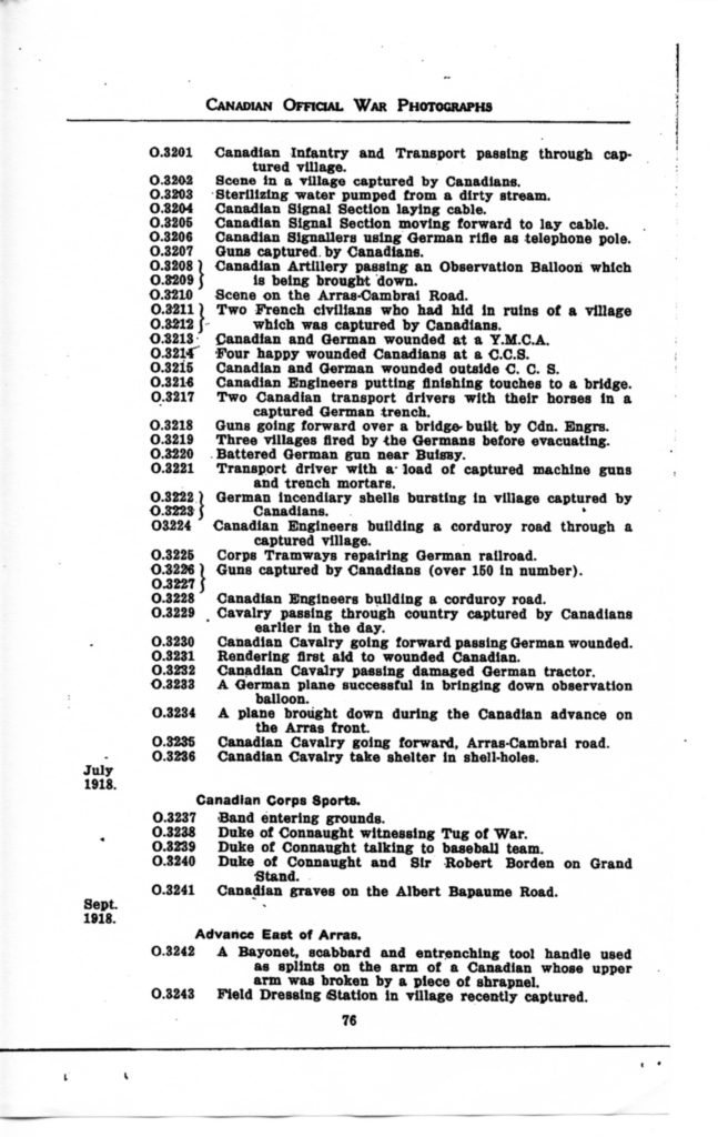 p. 076 Canadian Official War Photographs WWI INDEX - "O" Series O.3201 to O.3243