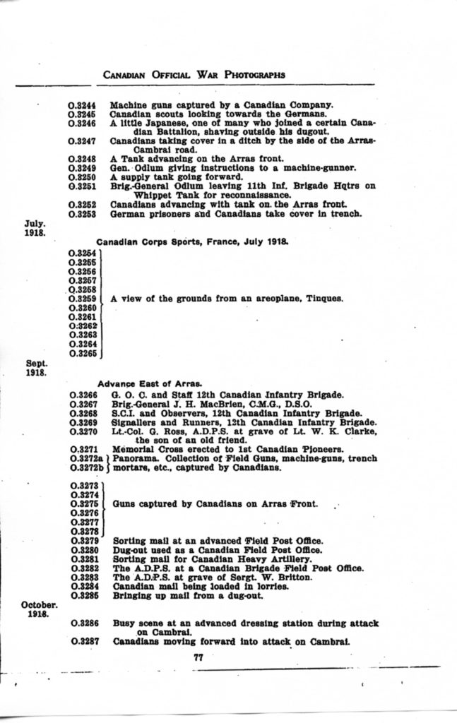 p. 077 Canadian Official War Photographs WWI INDEX - "O" Series O.3244 to O.3287