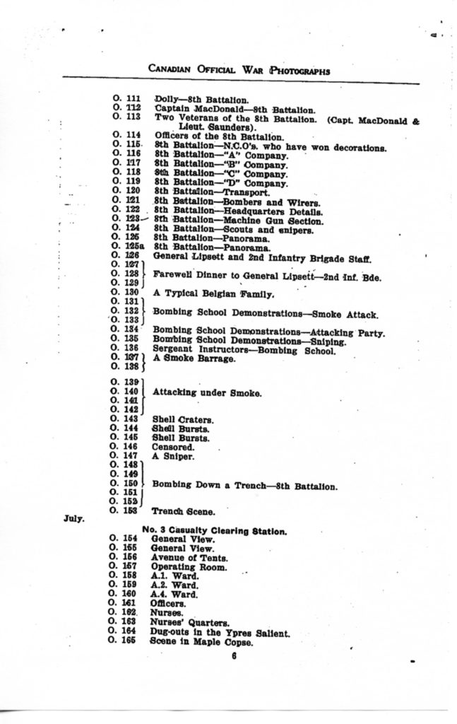 Canadian Official War Photographs of WWI INDEX - p. 006"O" Series O.111 to O.165