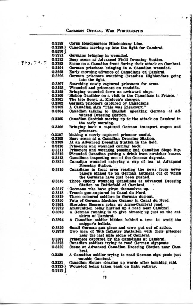 p. 078 Canadian Official War Photographs WWI INDEX - "O" Series O.3288 to O.3333