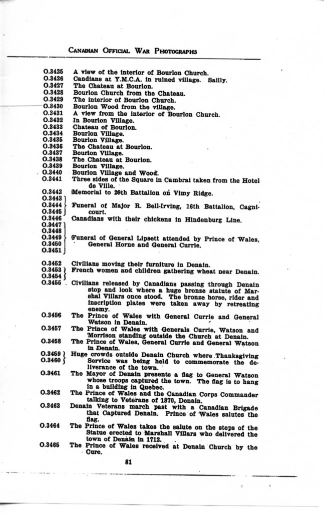 p. 081 Canadian Official War Photographs WWI INDEX - "O" Series O.3425 to O.3565