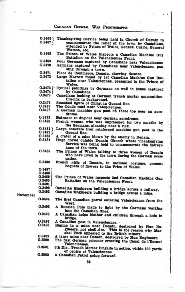 p. 082 Canadian Official War Photographs WWI INDEX - "O" Series O.3466 to O.3502