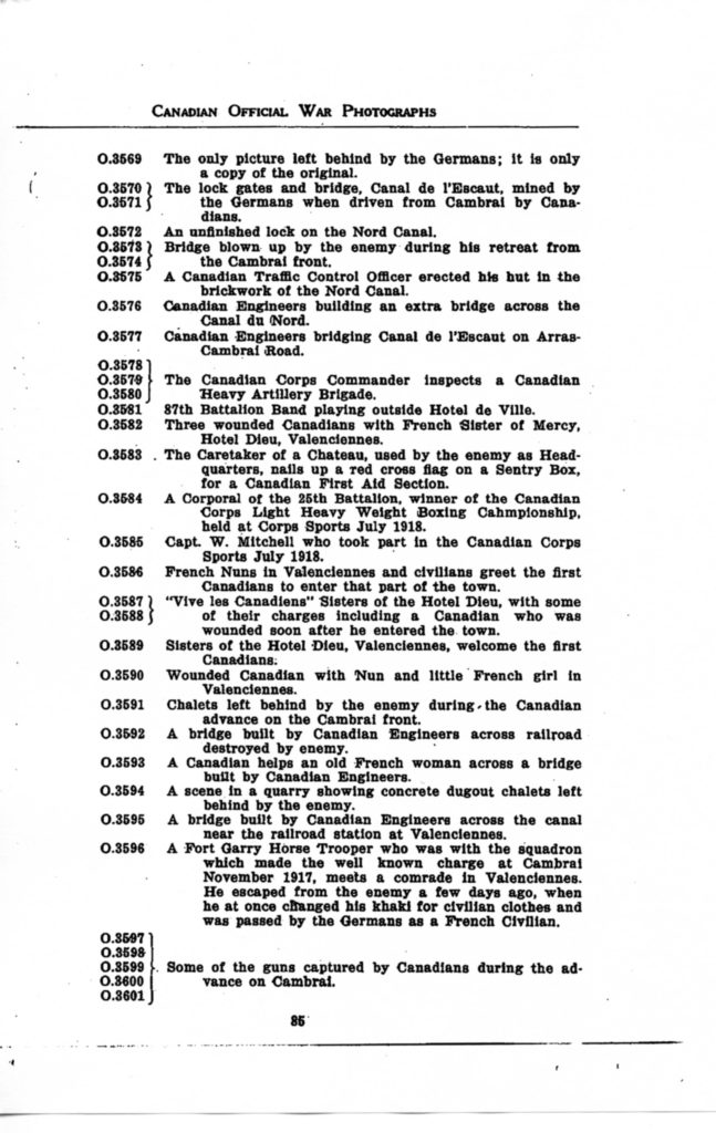 p. 085 Canadian Official War Photographs WWI INDEX - "O" Series O.3569 to O.3601