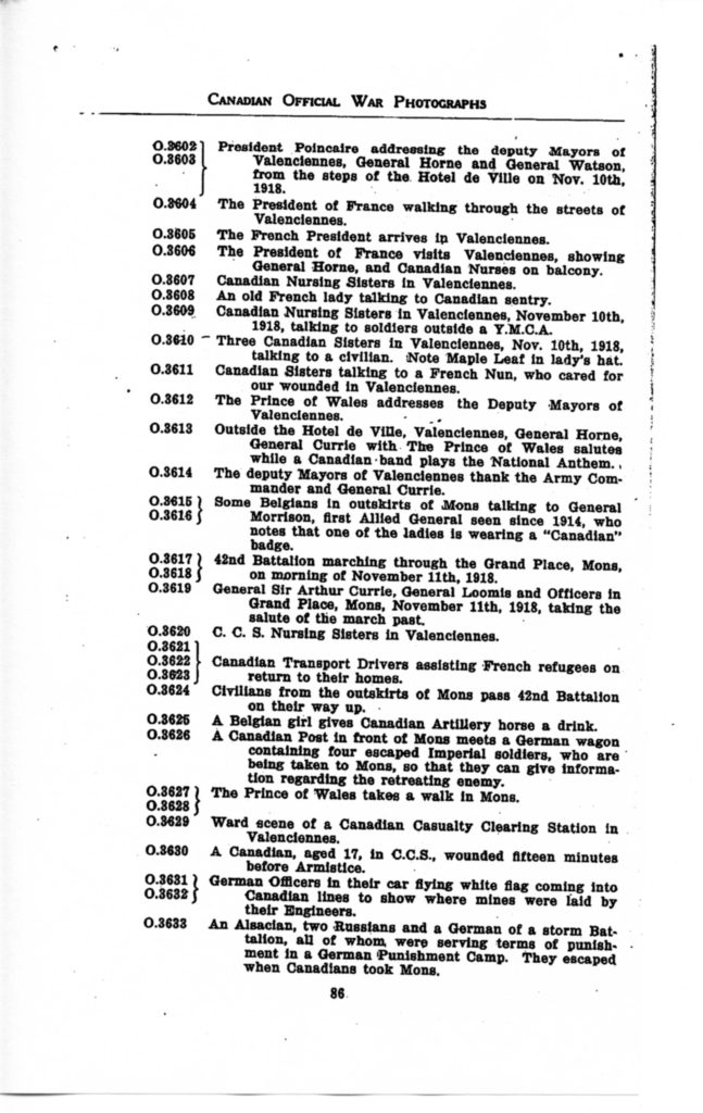 p. 086 Canadian Official War Photographs WWI INDEX - "O" Series O.3602 to O.3633