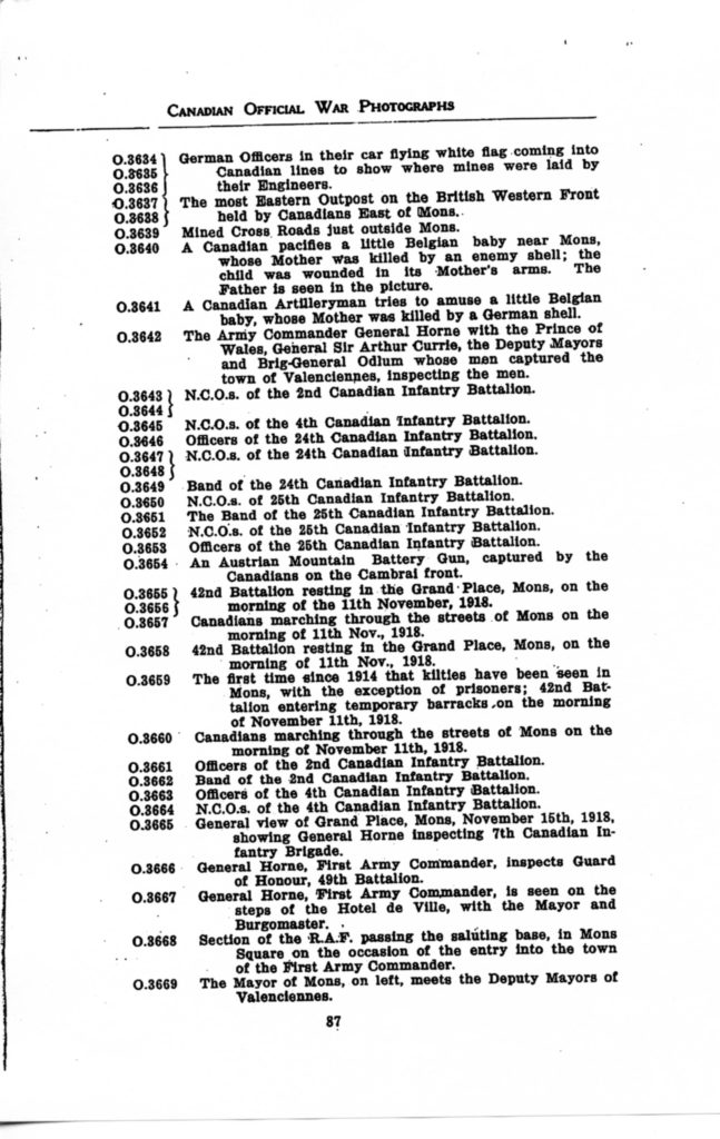 p. 087 Canadian Official War Photographs WWI INDEX - "O" Series O.3634 to O.3669