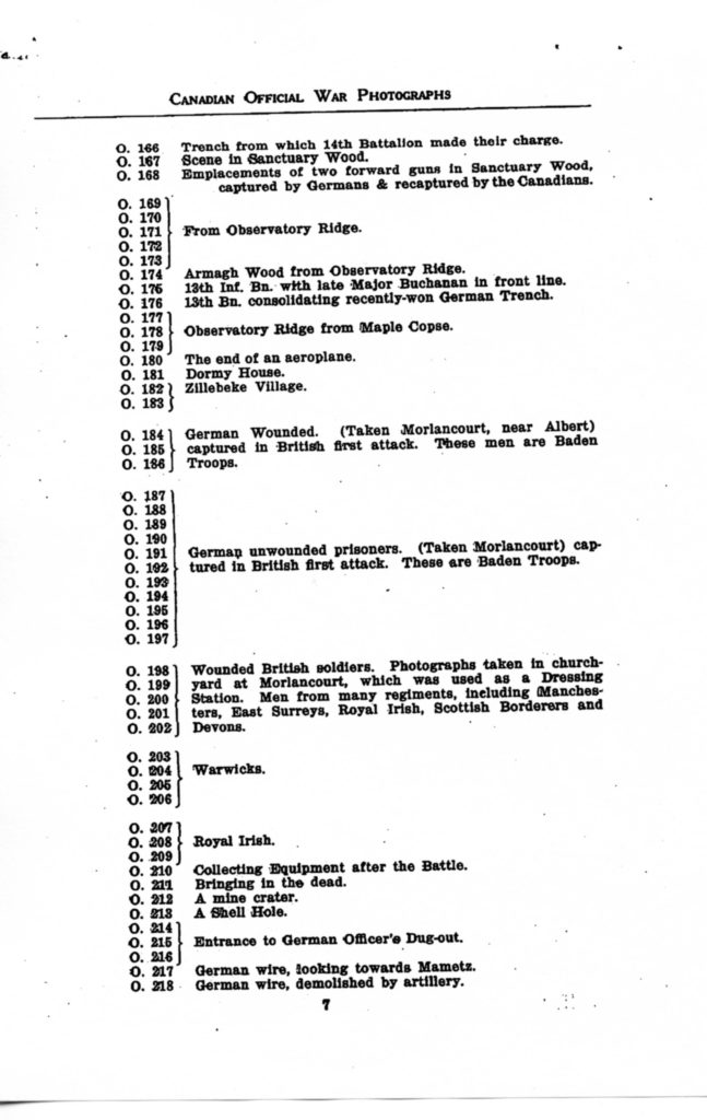 Canadian Official War Photographs of WWI INDEX - p. 007 "O" Series O.166 to O.218