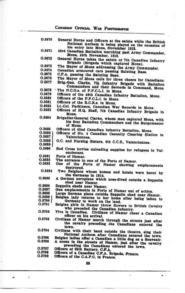 p. 088 Canadian Official War Photographs WWI INDEX - "O" Series O.3670 to O.3709