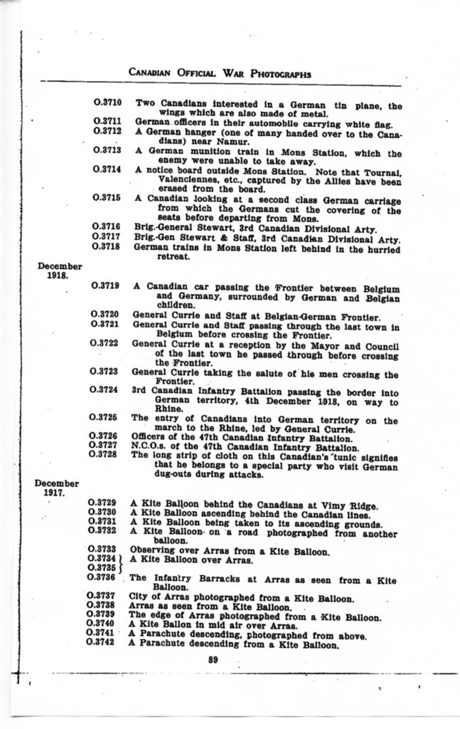 p. 089 Canadian Official War Photographs WWI INDEX - "O" Series O.3710 to O.3742