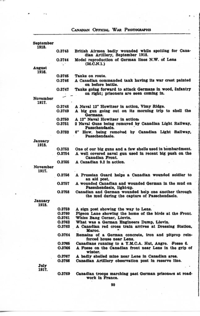 p. 090 Canadian Official War Photographs WWI INDEX - "O" Series O.3743 to O.3769