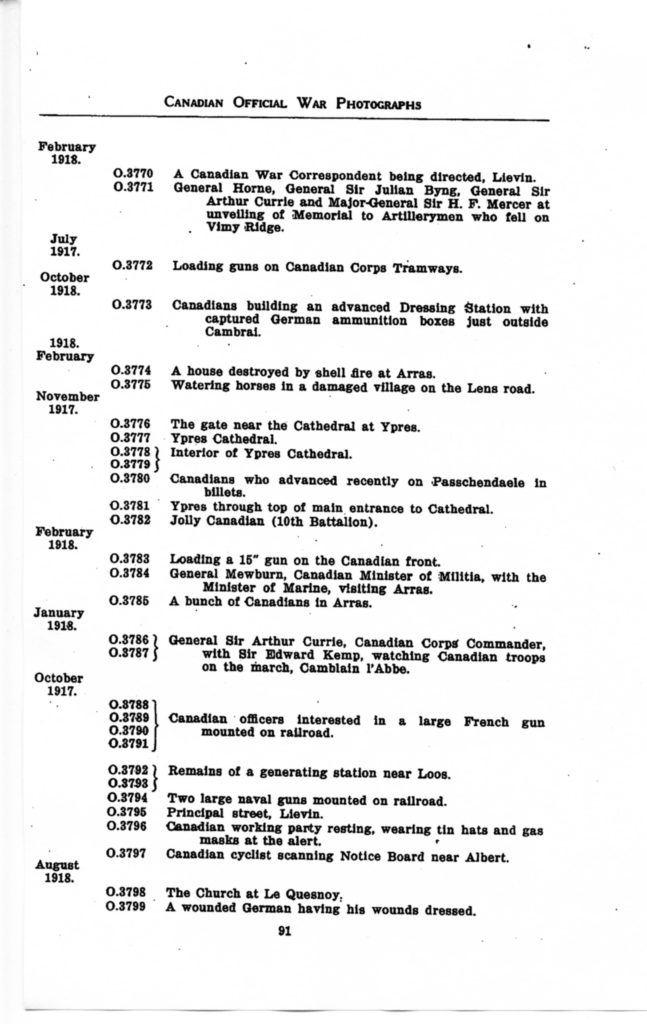p. 091 Canadian Official War Photographs WWI INDEX - "O" Series O.3770 to O.3899