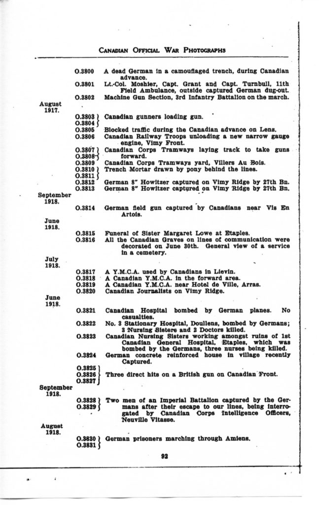 p. 092 Canadian Official War Photographs WWI INDEX - "O" Series O.3800 to O.3831