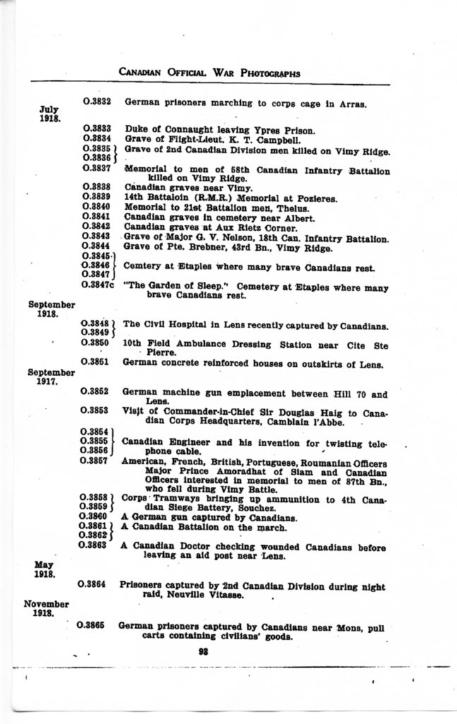 p. 093 Canadian Official War Photographs WWI INDEX - "O" Series O.3832 to O.3865