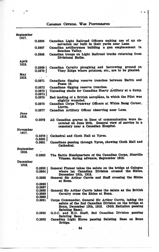 p. 094 Canadian Official War Photographs WWI INDEX - "O" Series O.3866 to O.3893