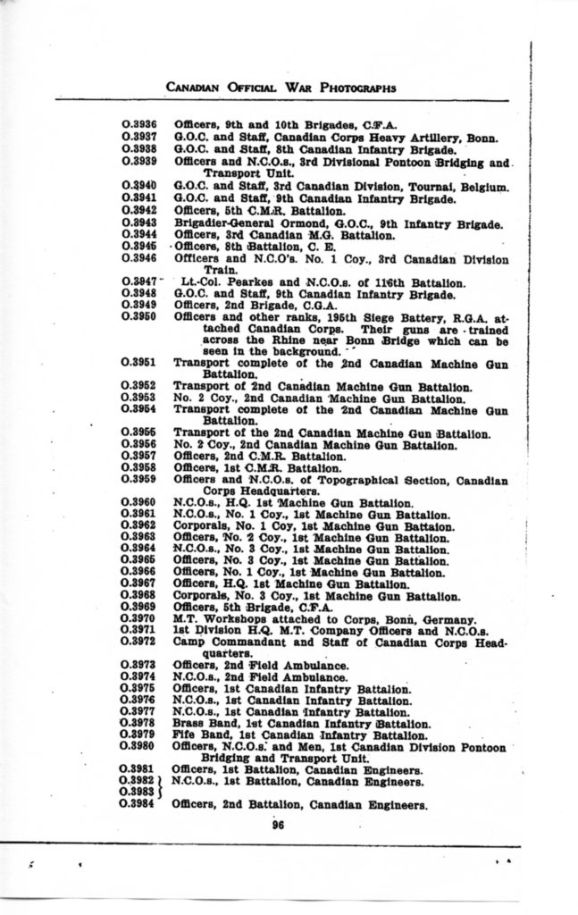 p. 096 Canadian Official War Photographs WWI INDEX - "O" Series O.3936 to O.3984