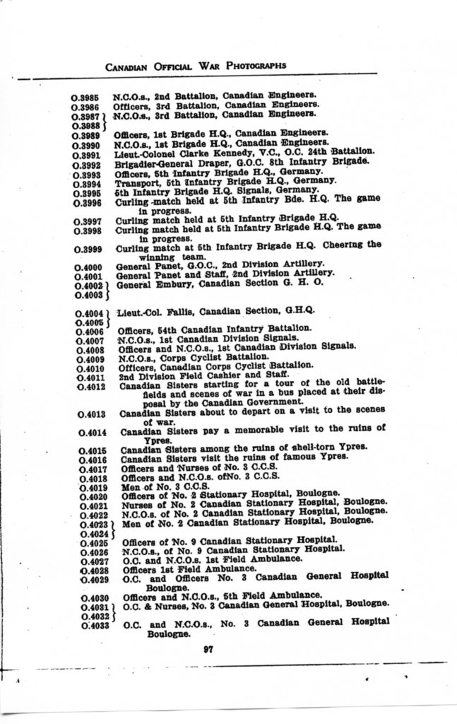 p. 097 Canadian Official War Photographs WWI INDEX - "O" Series O.3985 to O.4033