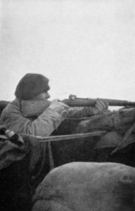 "The Sniper - At the Front" - Canadian soldier using a Ross Mk. III rifle without scope. These rifles were extremely accurate. 1915