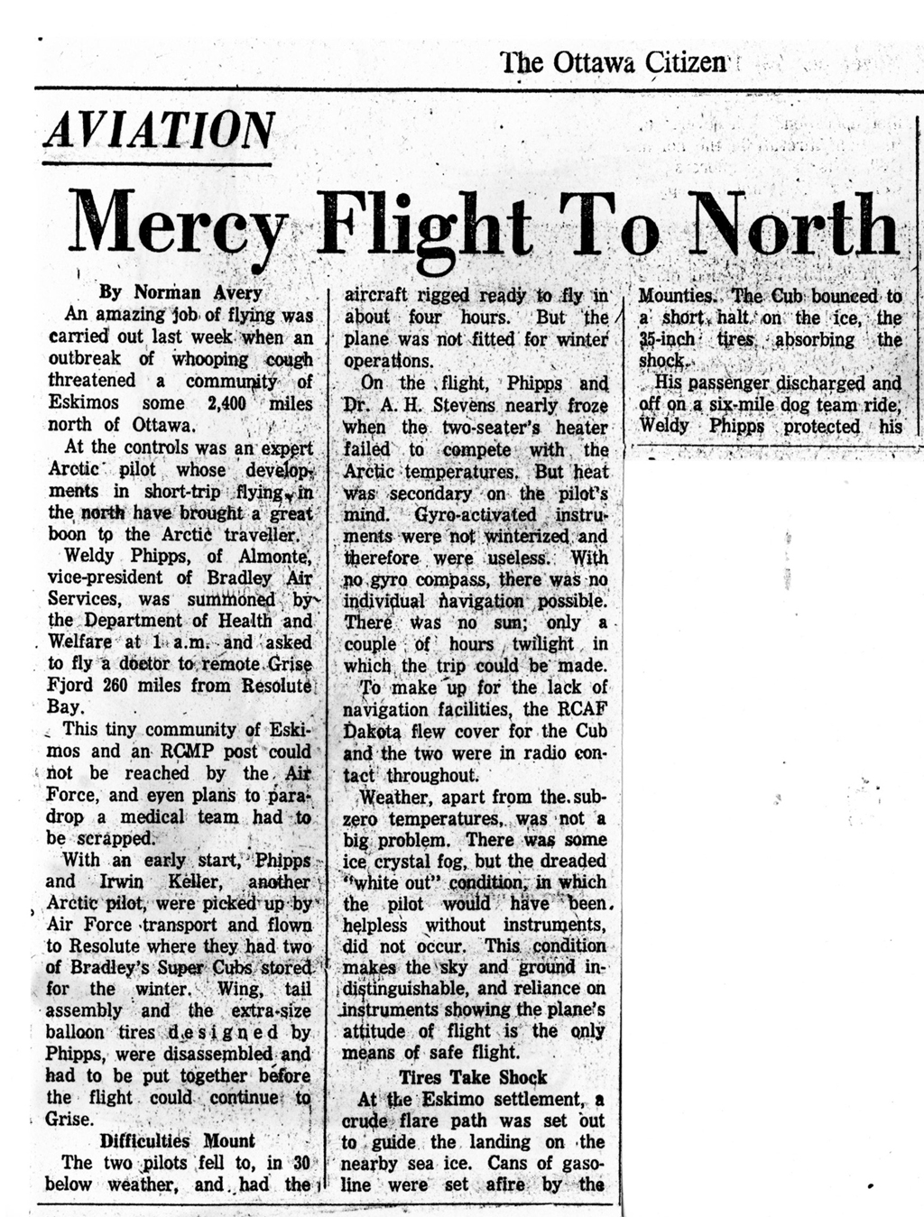 Newspaper article The Ottawa Citizen 1960-11-19 "Mercy Flight to North" Pilot Weldy Phipps and Dr. A. H. ("Pete") STEVENS. Left half