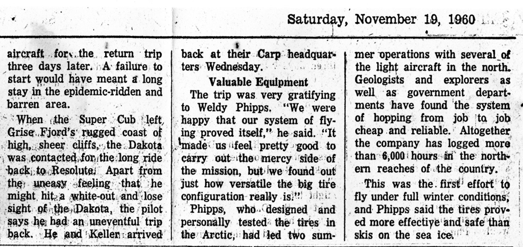 Newspaper article The Ottawa Citizen 1960-11-19 "Mercy Flight to North" Pilot Weldy Phipps and Dr. A. H. ("Pete") STEVENS. Right half