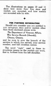 Page 9 - Information regarding mounting and wearing of decorations, campaign stars and medals, published by the Department of Veterans Affairs Canada circa 1945.