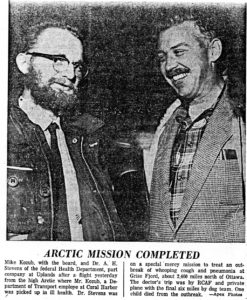 Newspaper article about 1960-11-19 "Doctor Checks Arctic Epidemic" Pilot Weldy Phipps and Dr. A. H. ("Pete") STEVENS. - Part 1 - Photo