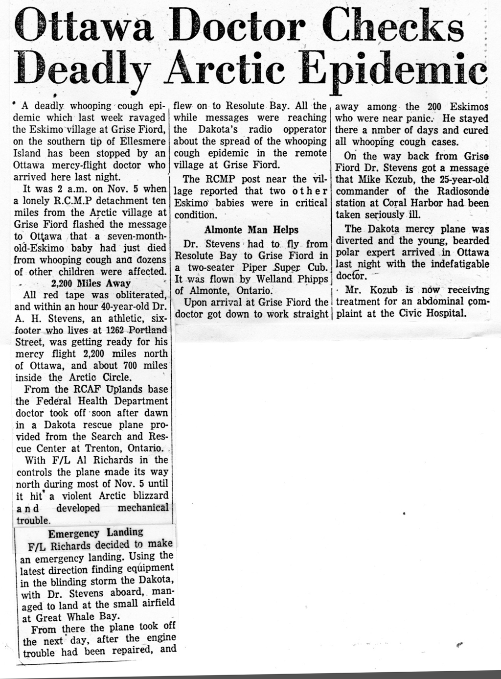 Newspaper article about 1960-11-19 "Doctor Checks Arctic Epidemic" Pilot Weldy Phipps and Dr. A. H. ("Pete") STEVENS. - Part 2 - Story