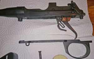 Rifle serial number J-5550-16 and has a mid-war 2-position "L" backsight. Left side showing the special trigger hung from the body instead of the trigger guard.