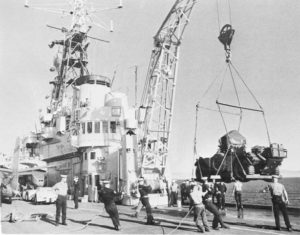 Ferret being unloaded from HMCS Bonaventure at Famagusta, Cyprus UNFICYP March 30, 1964