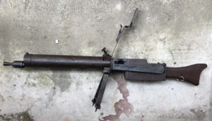 SPANDAU 1917 MG 08/15 with battle damage. SN 121b. Left side.