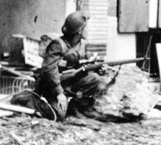 Cpl Morgan RWpgR sniper on alert Ijzendijke Netherlands 1944-10-19 to 21LAC PA-142107