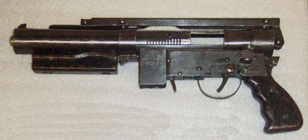 Welgun in Canadian War Museum Left side, stock folded - Colin M Stevens Photo