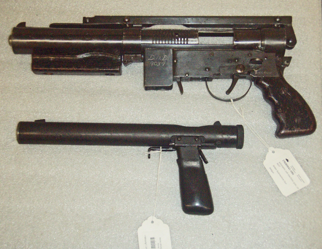 Welgun in Canadian War Museum Complete left side view, stock folded, shown with Welrod. Colin M. Stevens Photo,