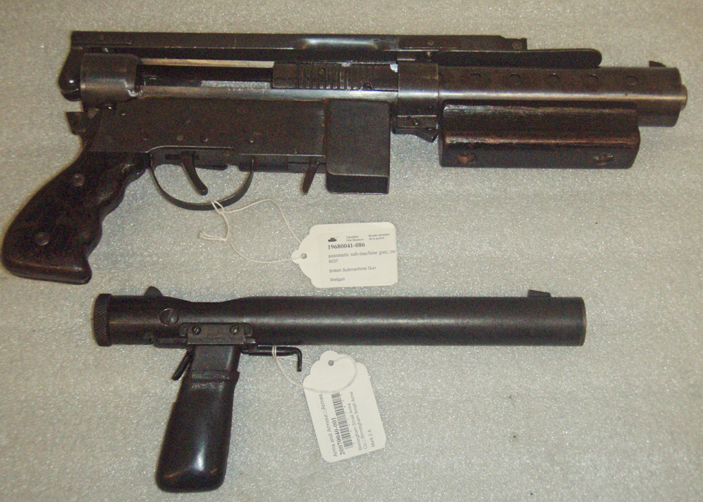 Welgun in Canadian War Museum Complete right side view, stock folded, shown with Welrod. Colin M. Stevens Photo,