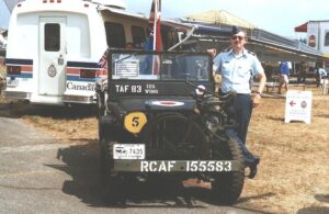 Captain Colin Stevens with 1944 WIllys MB (SN VDN-1121) at Abbotsford International Air Show, August 2000. The jeep was painted in Tactical Air Force markings.
