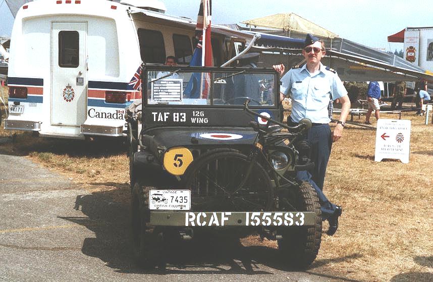 Captain Colin Stevens with 1944 WIllys MB (SN VDN-1121) at Abbotsford International Air Show, August 2000. The jeep was painted in Tactical Air Force markings. 