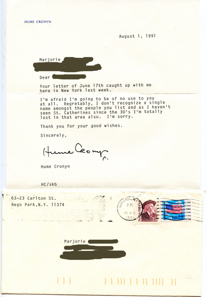 HUME CRONYN letter privatized