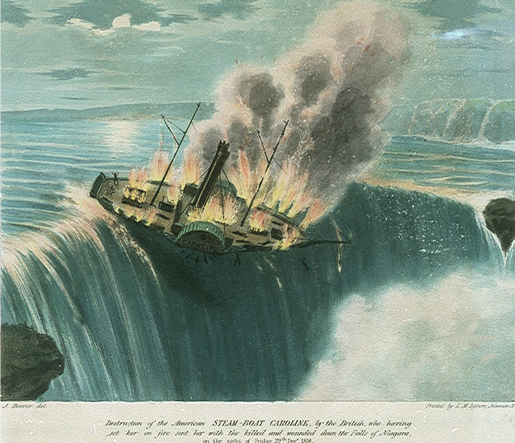 Destruction of the Caroline US fanciful colour drawing